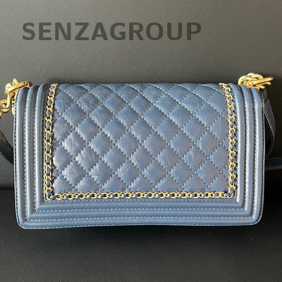 Chanel Le Boy MM Blue Gold Quilted Chain Shoulder Bag - Classic & Stylish