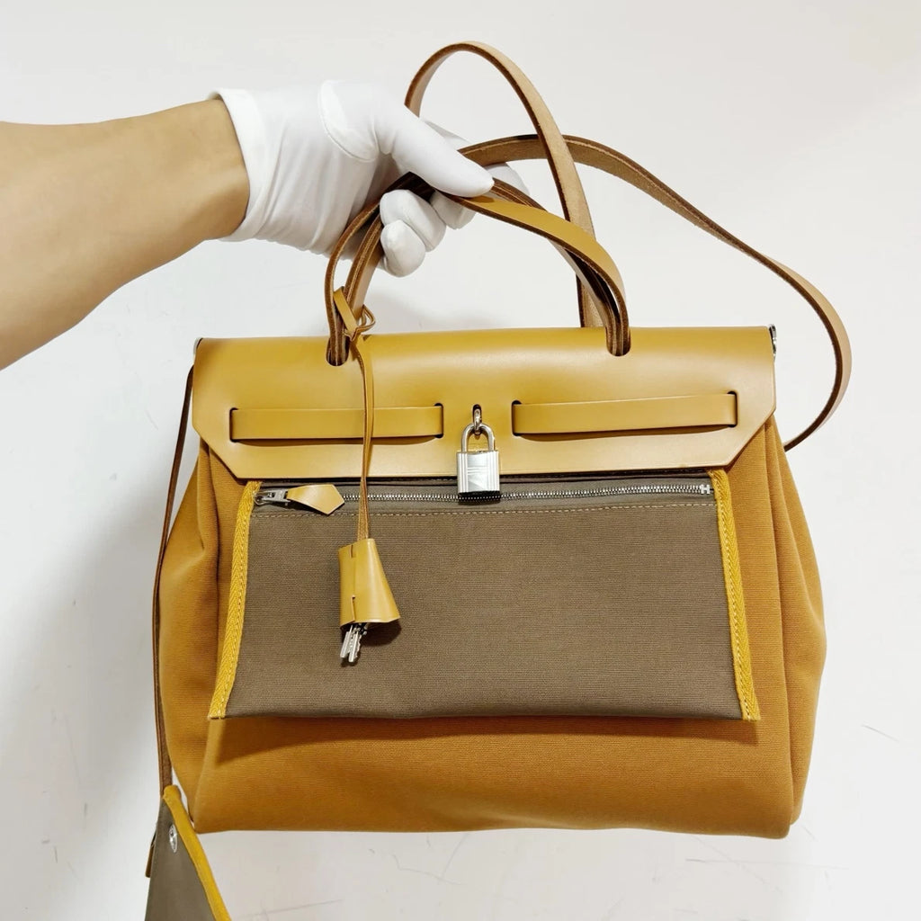 Excellent Condition Hermes Herbag31 Canvas Handbag Crossbody Bag Silver Hardware
