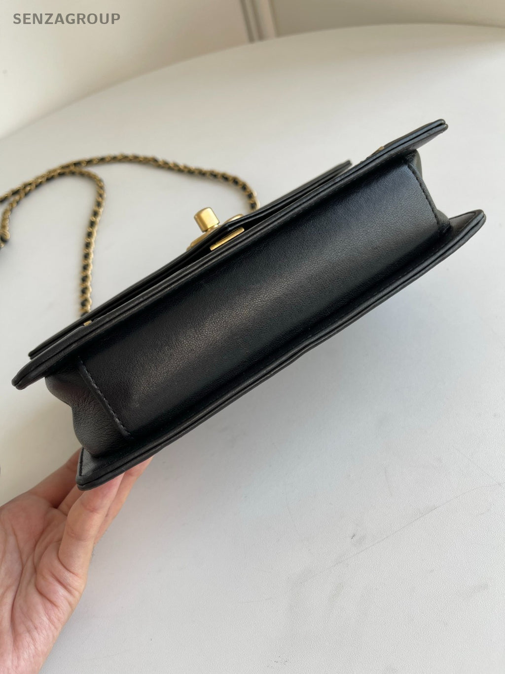 CHANEL V-shaped pattern Calfskin Chain Shoulder bag Black Gold Women