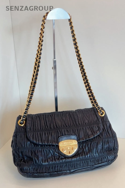 PRADA XXL Hobo Wrinkled patterns Chain Shoulder bag Black Gold Women