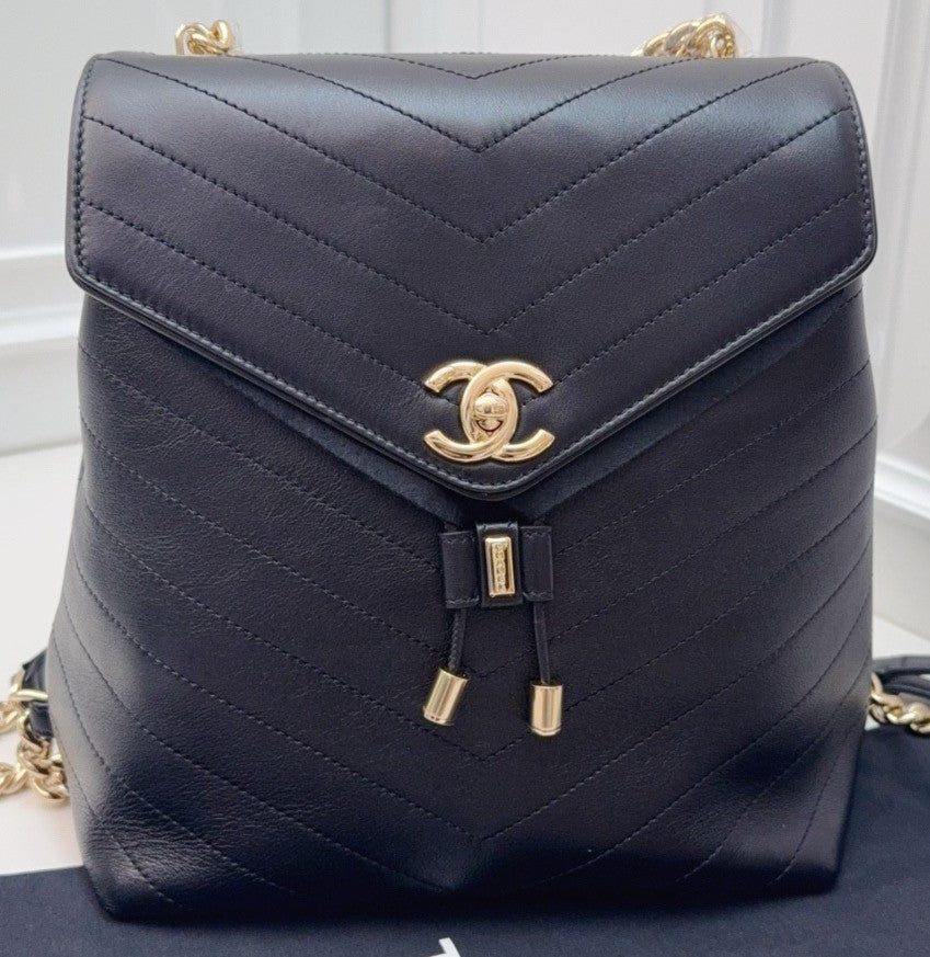 Chanel Calfskin Chain Backpack Black Gold Used Women Classic Vintage