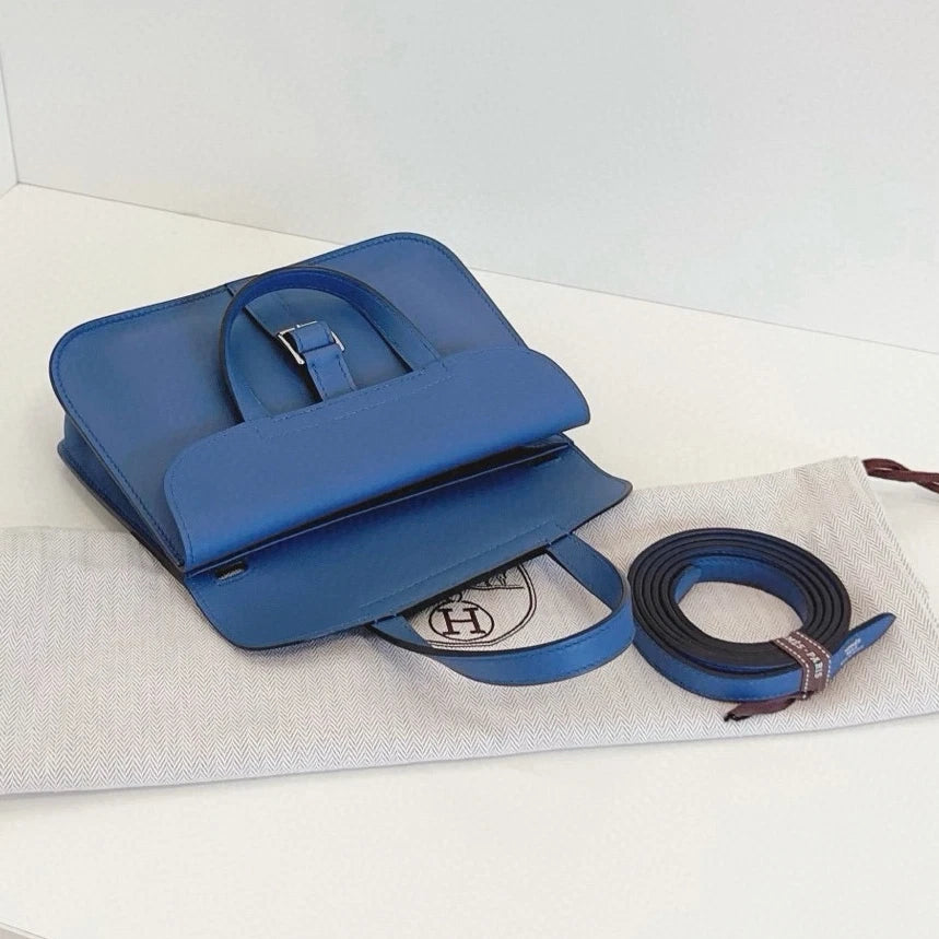 Hermes Halzan Mini Top Handle Crossbody Blue Silver Women Classic Fashion