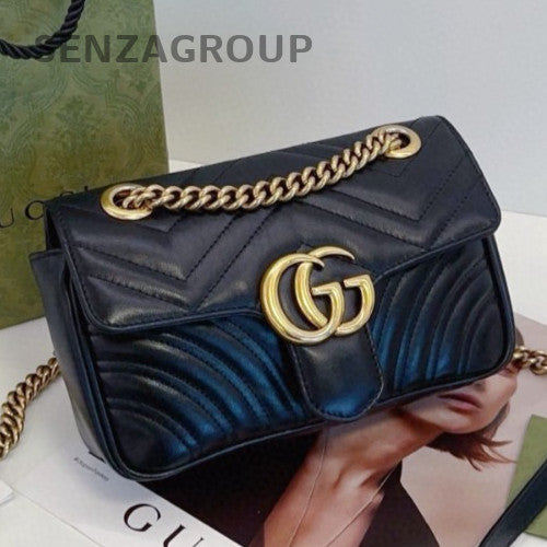 Gucci Marmont22 Chain Shoulder Bag Crossbody Black Gold Used Women Classic