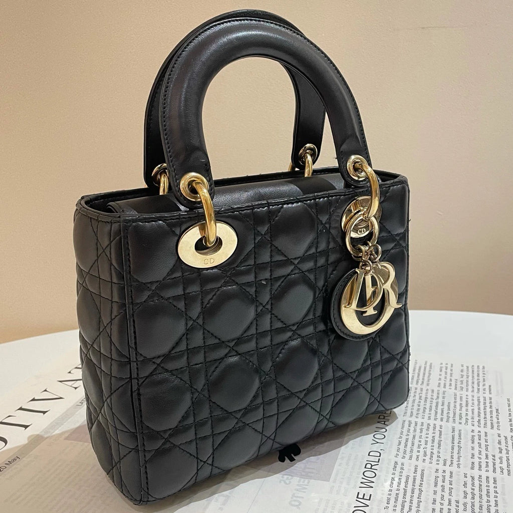 Dior Lady Dior Lambskin Black Gold Shoulder Bag Handbag Excellent