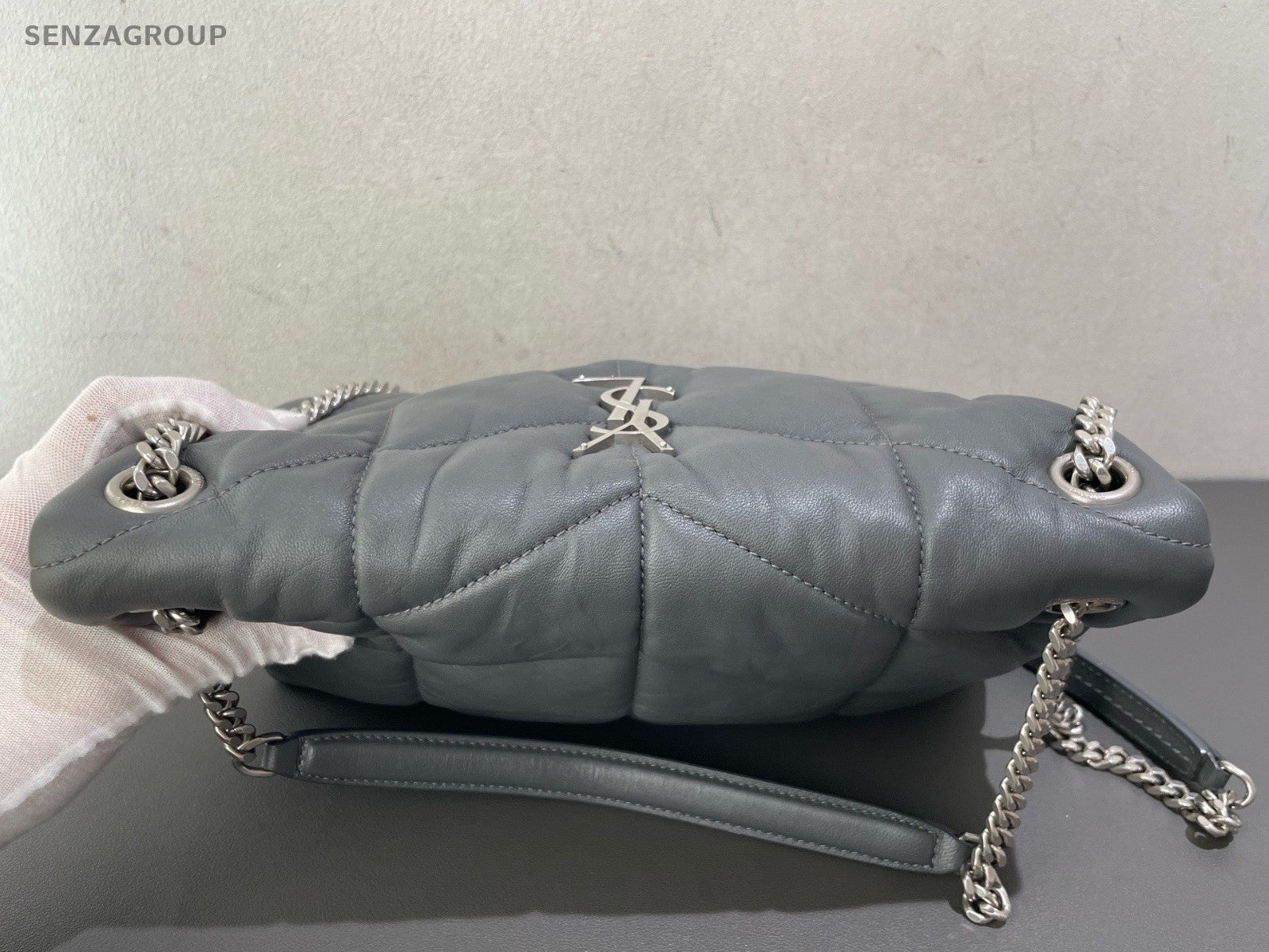 Saint Laurent LOULOU Lambskin Chain Shoulder Bag Crossbody Gray Silver Women