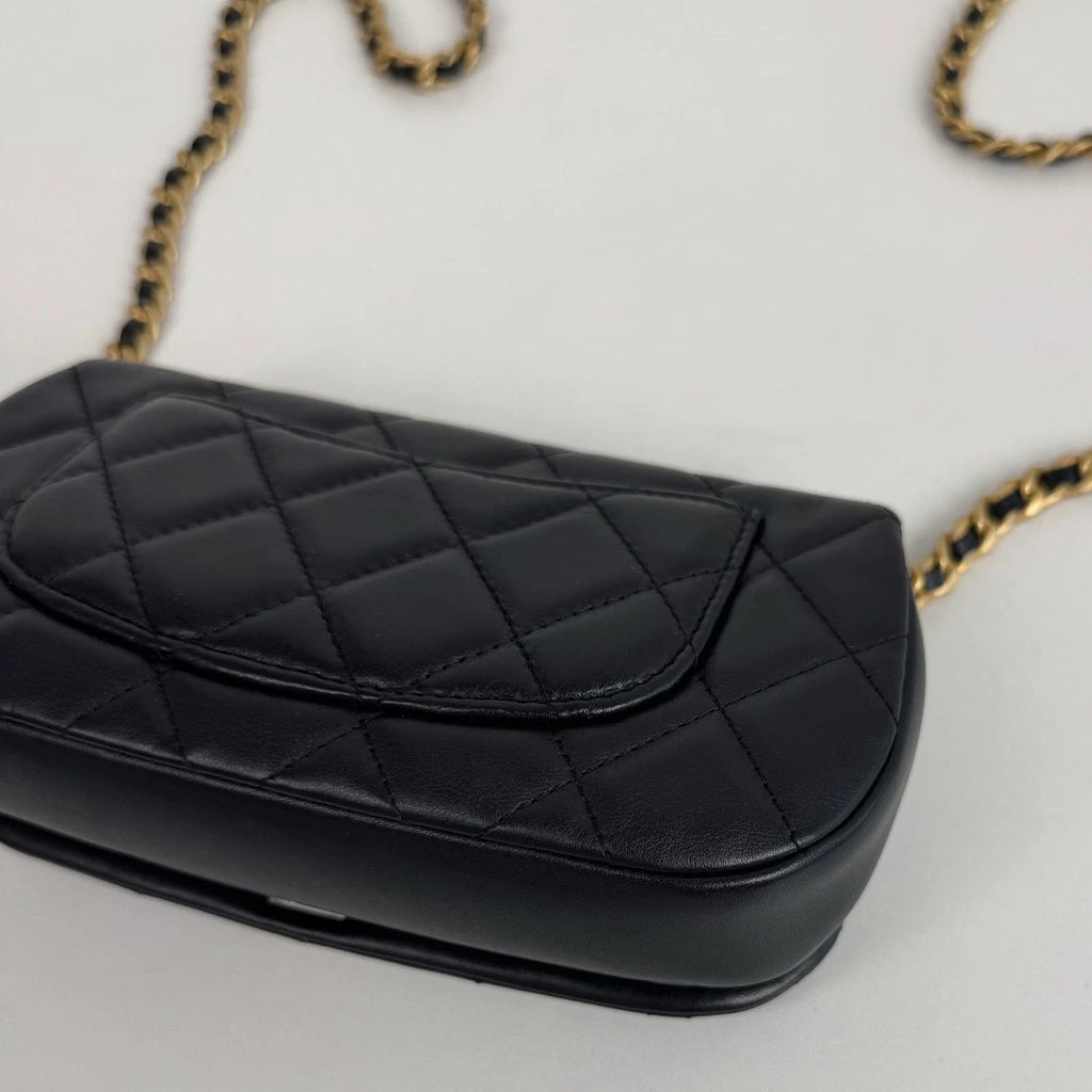 Chanel Diamond Chain Mini Shoulder Bag Black Gold Used Women Classic