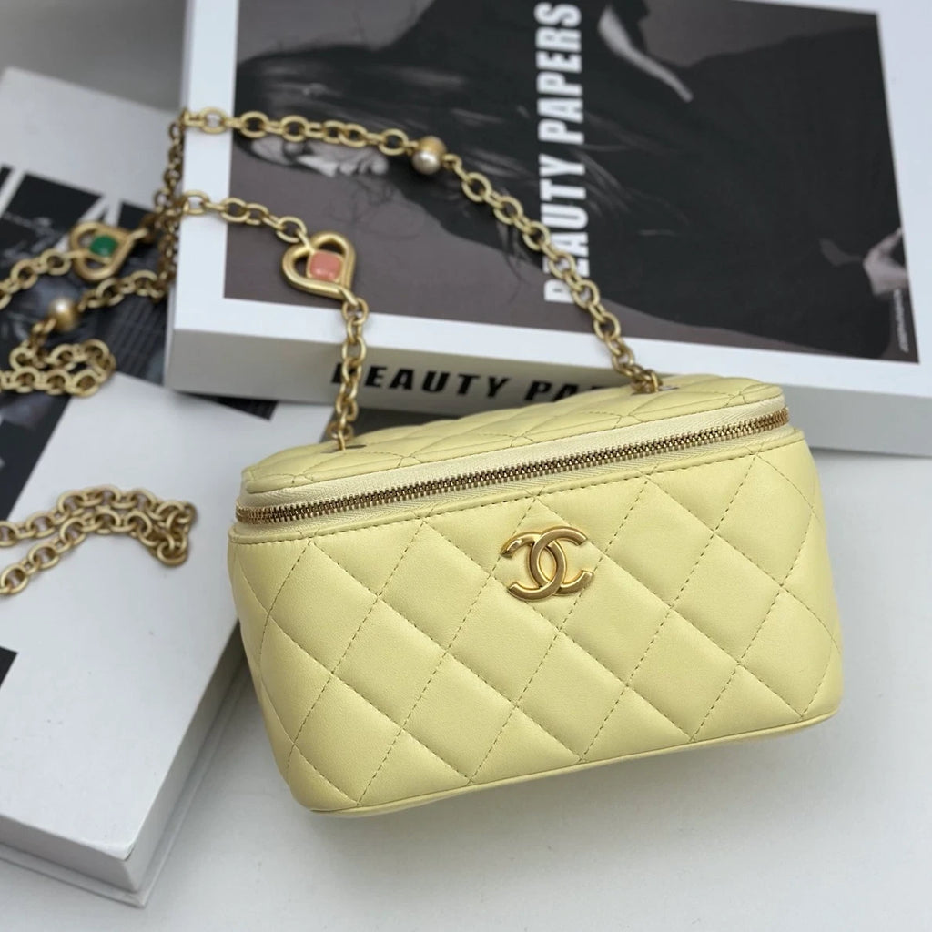 Chip Version Chanel Vanity Case Diamond Gold Chain Beige Shoulder Bag Crossbody