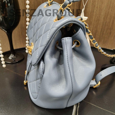 Chanel Quilted Chain Backpack Blue Gold Hardware Classic Fashion Women