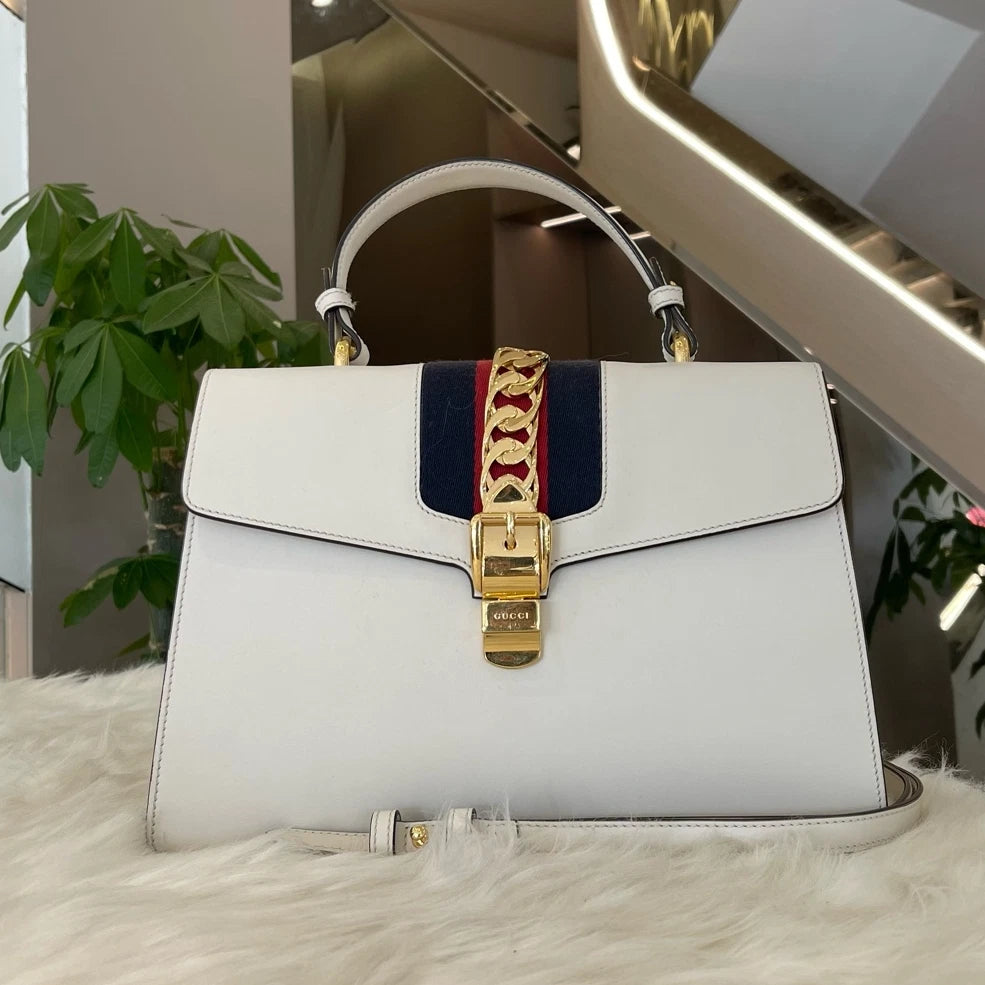 Gucci Sylvie Large Tote Shoulder Bag White Gold Classic Women's