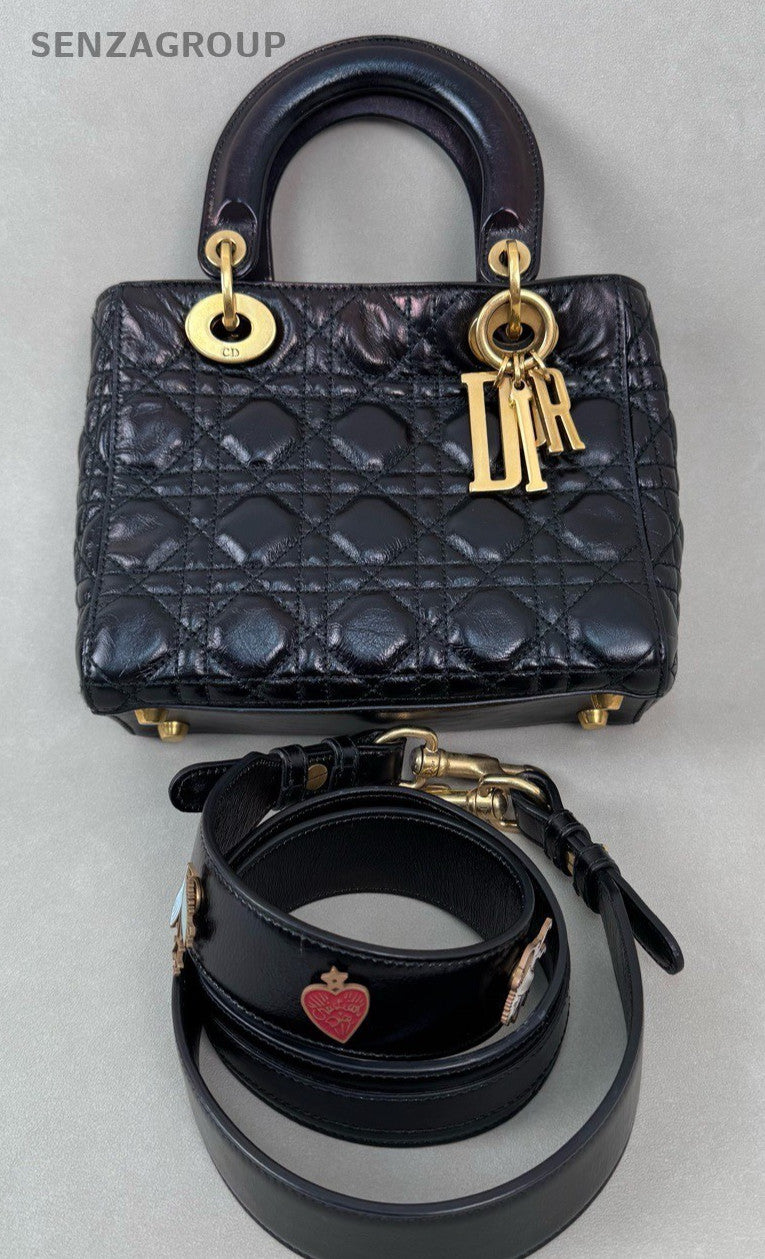 Christian Dior Lady Top Handle Oil wax leather 2way Shoulder bag Black Gold