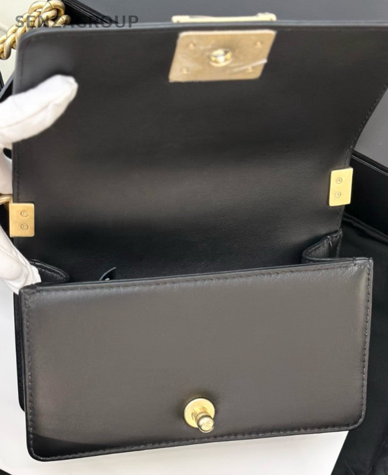 Chanel Leboy PM Rhinestone Chain Calfskin Black Gold Women Classic Designer