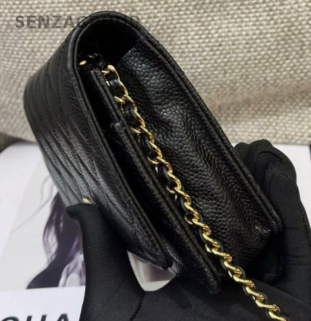 Chanel WOC Chain Diamond Shoulder Bag Black Gold Women Classic