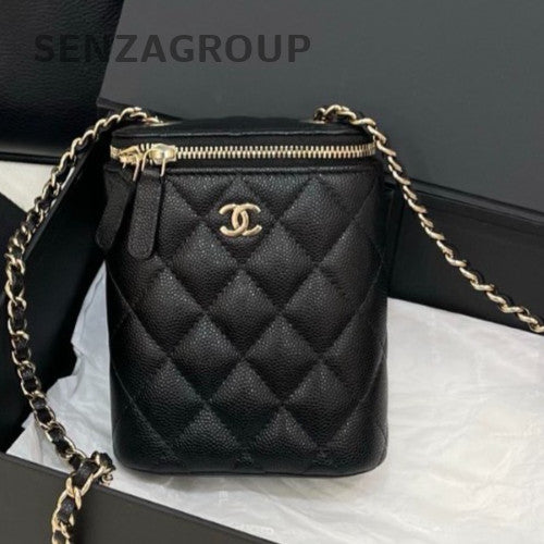 Chanel Calfskin Mini Chain Shoulder Bag Crossbody Diamond Black Gold Women