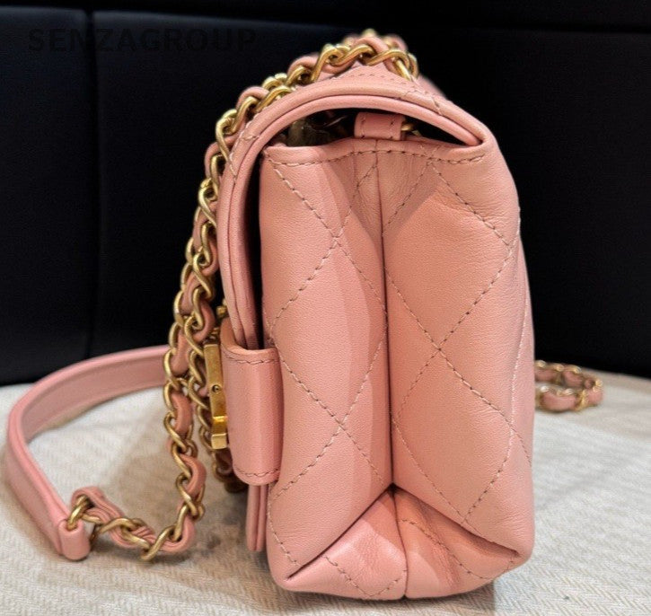 Chanel Diamond Chain Calfskin Shoulder Bag Crossbody Pink Gold Women Classic