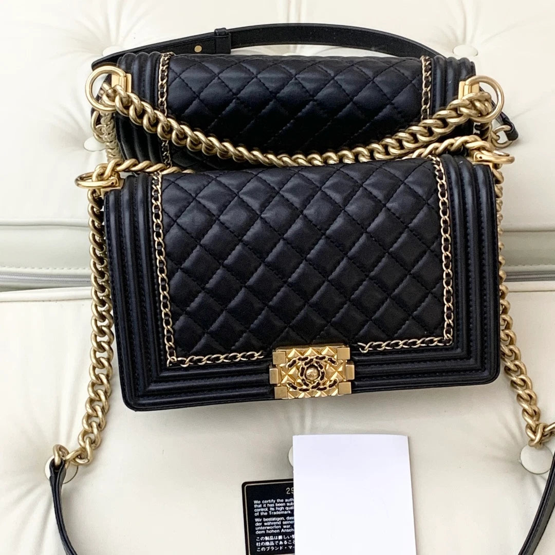 Chanel Leboy MM Chain Shoulder Bag Crossbody Black Gold Diamond Women Classic S