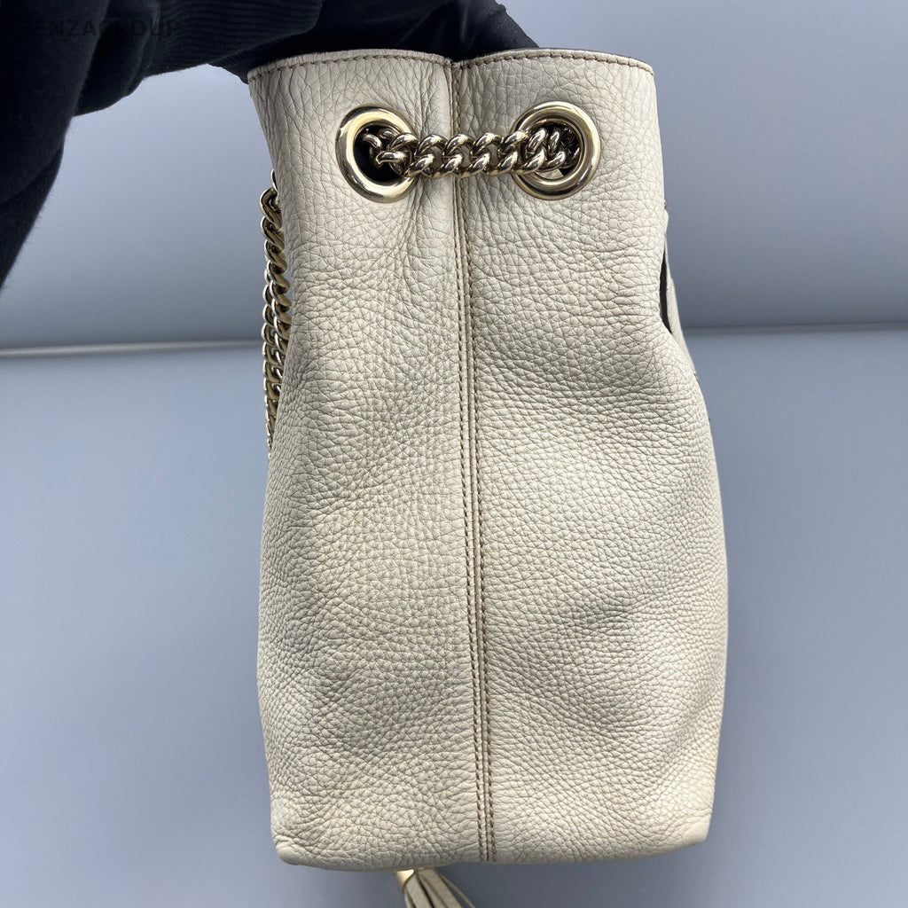 Gucci Soho Chain Tassel Tote Shoulder Bag White Silver Used Women Classic