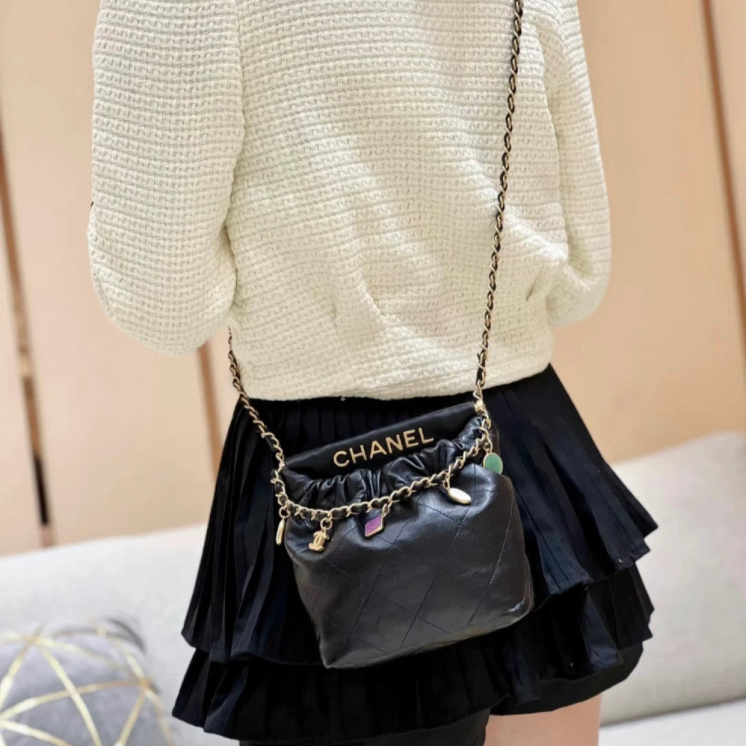 Chanel Lambskin Chain Shoulder Crossbody Bag Black Gold Women Classic S