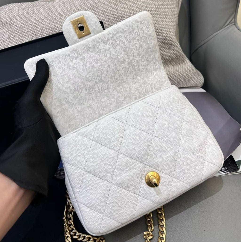 Chanel Classic Flap Calfskin Chain Shoulder Bag Crossbody White Gold Women