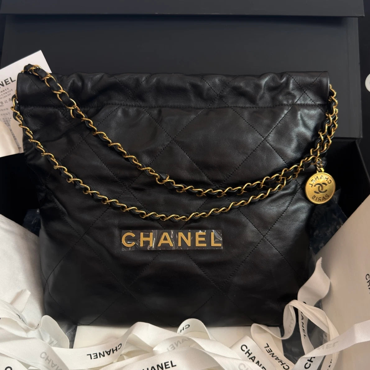 Excellent Chanel 22Bag PM Calfskin Gold Chain Black Shoulder Bag Crossbody
