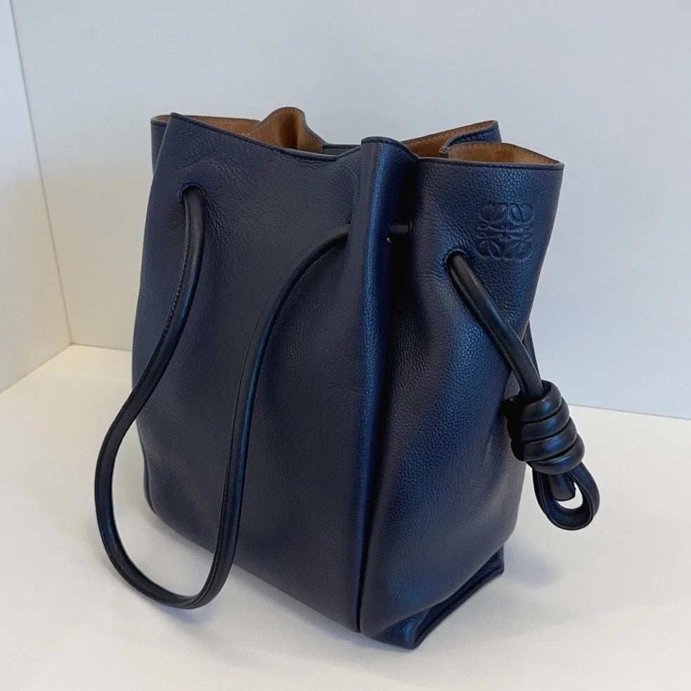 Authentic Loewe Flamenco Knot Navy Blue Drawstring Tote Shoulder Crossbody Bag