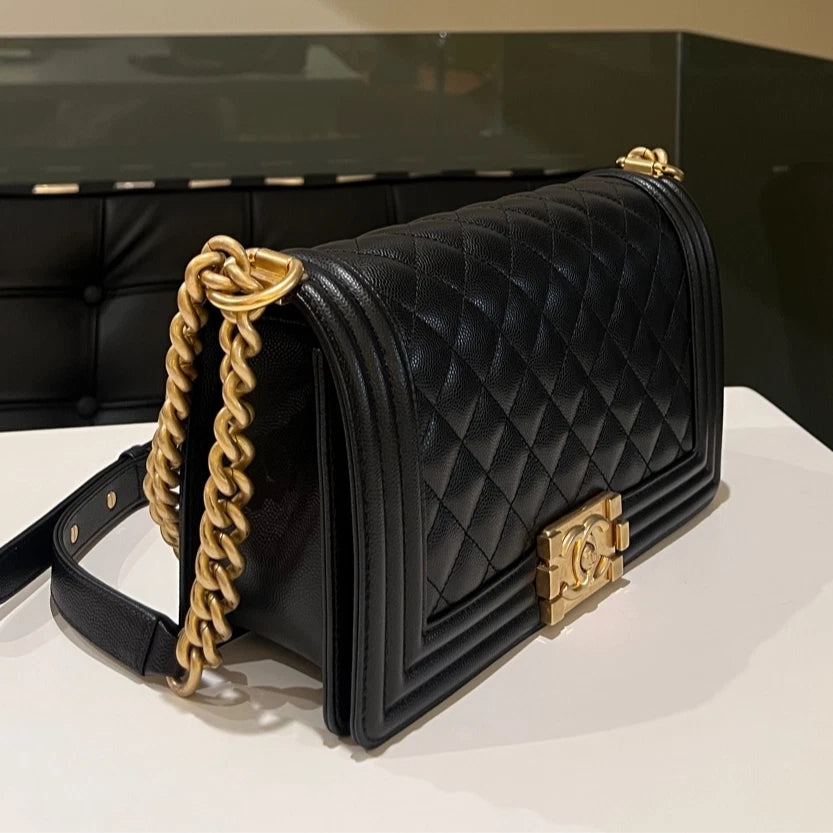Authentic CHANEL Le Boy Medium Shoulder Bag Black with Gold Hardware