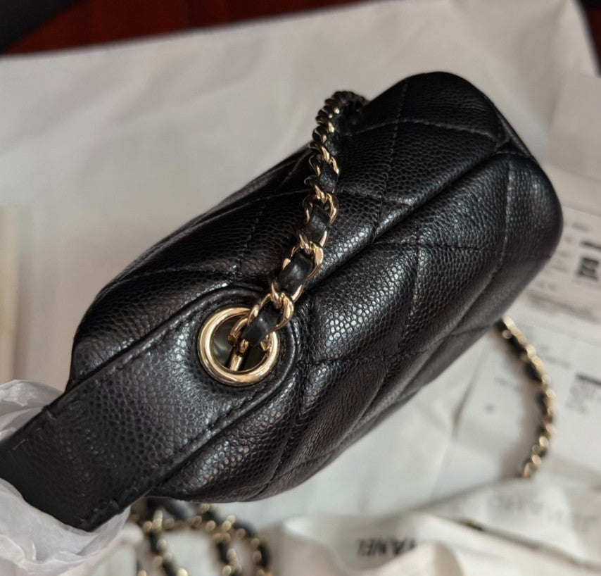 Chanel Calfskin Hobo Chain Crossbody Top Handle Bag Black Gold Women Classic