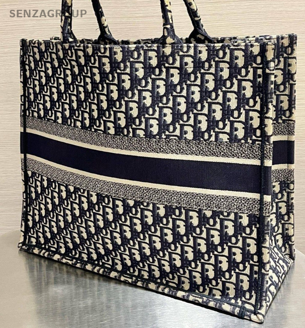 Christian Dior Book  Oblique Tote Handbag Beige Blue Used Women Classic
