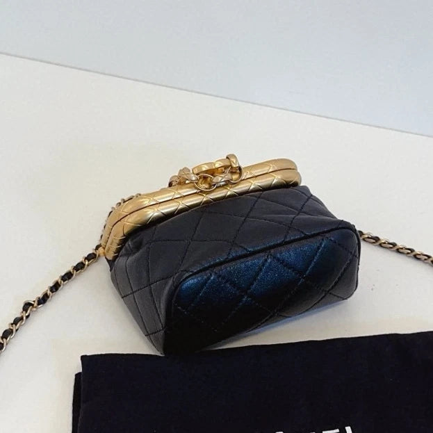 Chanel Kiss Lock Mini Chain Top Handle Crossbody Black Gold Women Classic