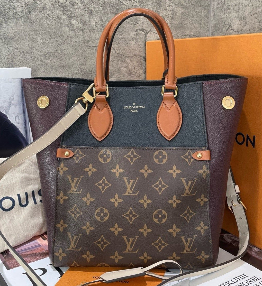 Louis Vuitton Fold Tote MM Monogram Top Handle Bag Brown Gold Women Classic