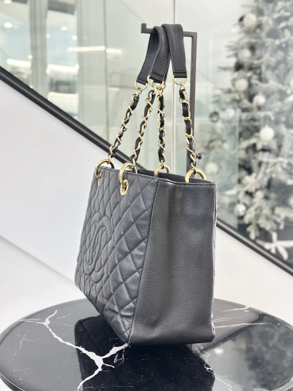 Chanel Grand Shopping Tote MM Calfskin Chain Shoulder Bag Black Women S