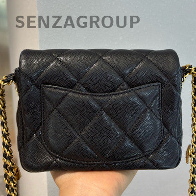 Chanel Coin Square Mini Flap Bag Black Gold Chain Shoulder Crossbody