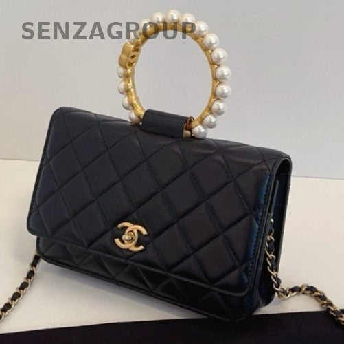 Chanel 21S WOC Lambskin Peal Top Handle Bag Chain Shoulder Bag Black Gold Women