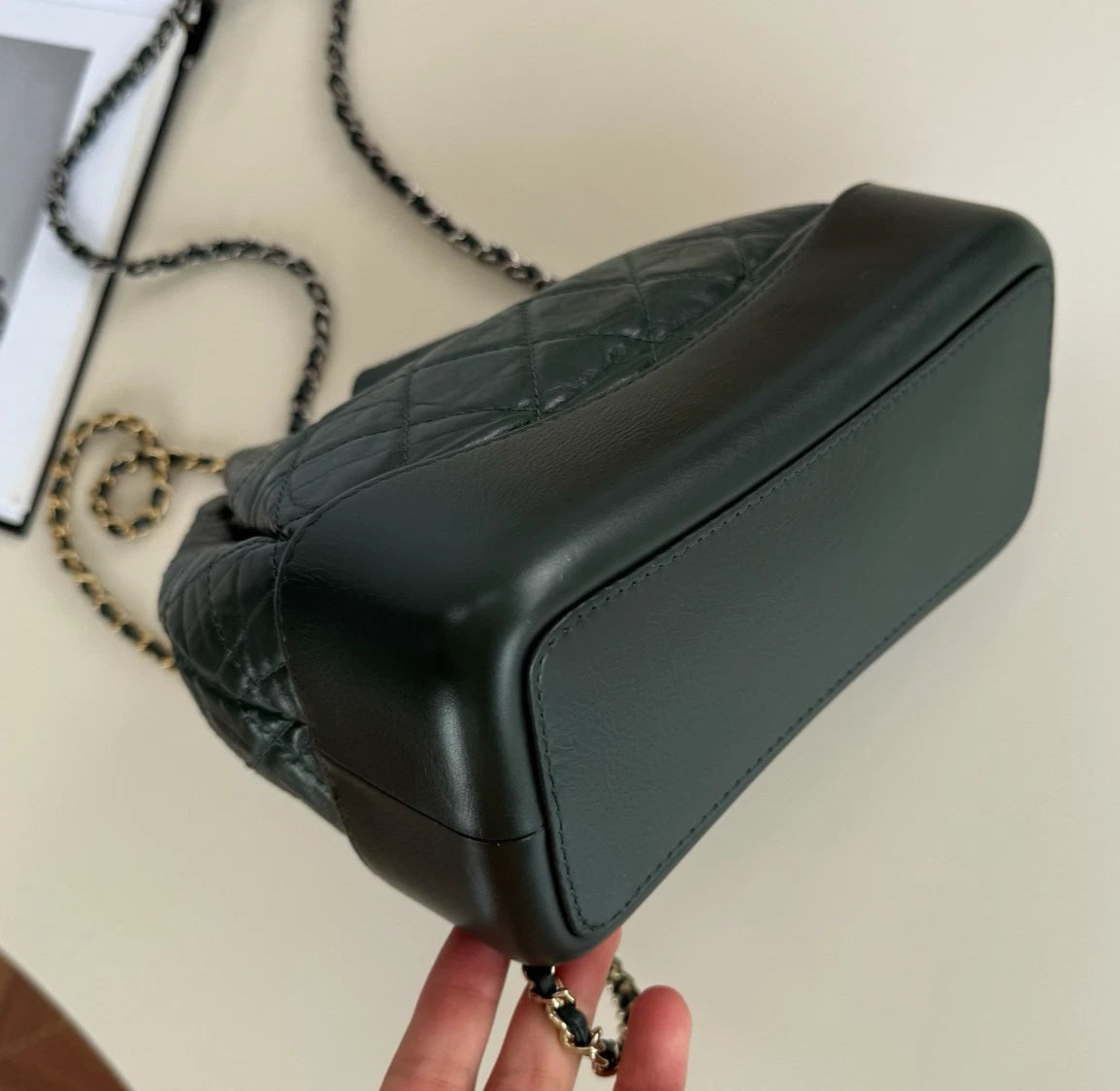 Chanel Gabrielle PM Chain Calfskin Backpack Green Gold Diamond Women Classic