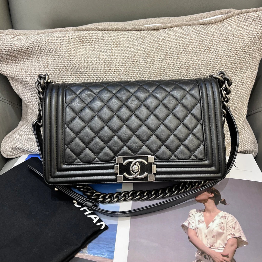 Chanel Leboy MM Calfskin Chain Shoulder Crossbody Black Silver Women Classic