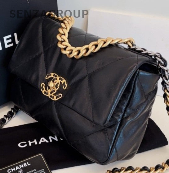 Chanel 19Bag PM Chain Shoulder Bag Crossbody Black Gold Women Classic Diamond