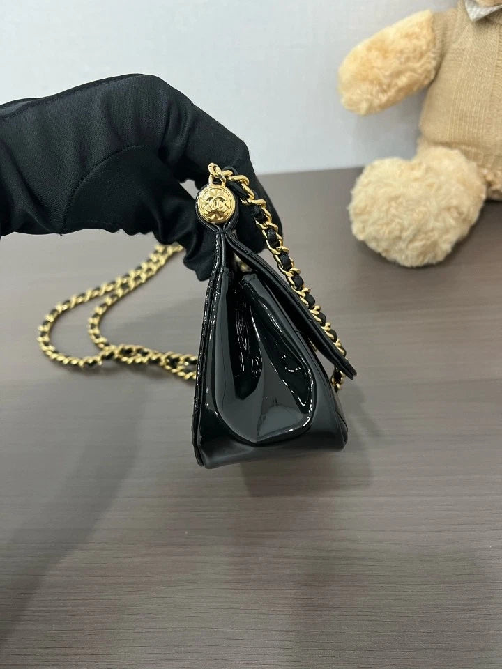 CHANEL Black Gold Patent Leather Mini Crossbody Bag For Women