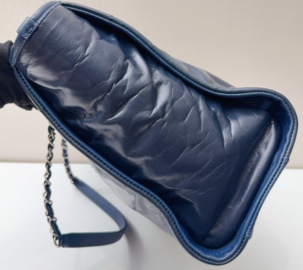 Chanel Cambon Calfskin Chain Shoulder Bag Blue Silver Used Women Classic
