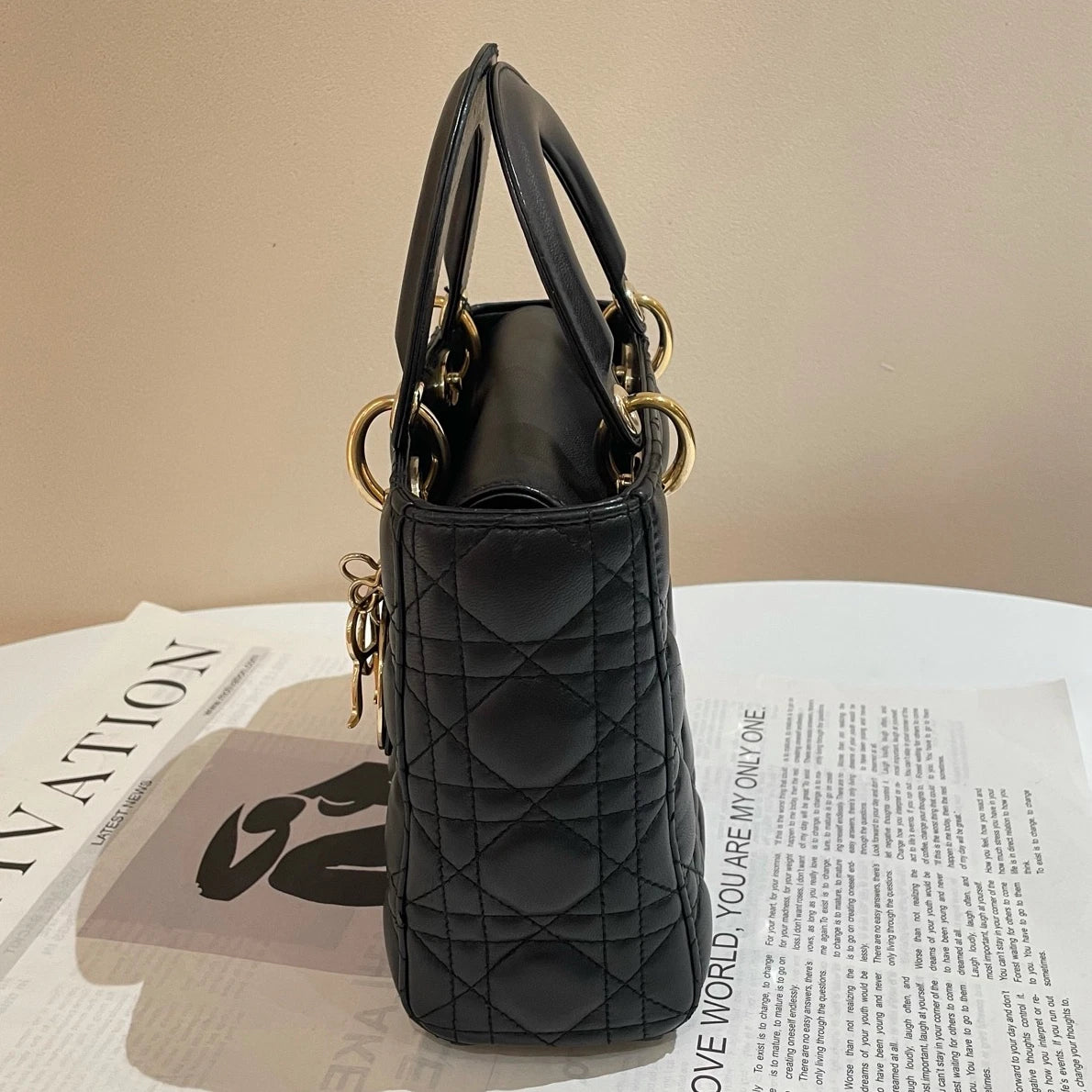 Dior Lady Dior Lambskin Black Gold Shoulder Bag Handbag Excellent