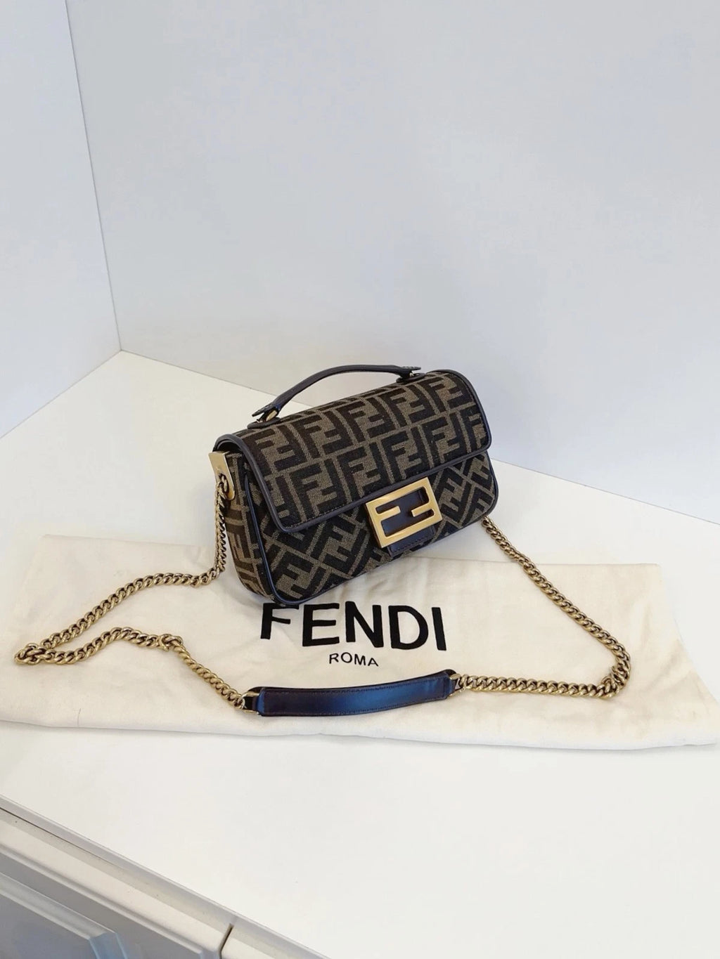 Fendi Baguette Medium FF Logo Chain Shoulder Crossbody Bag Brown