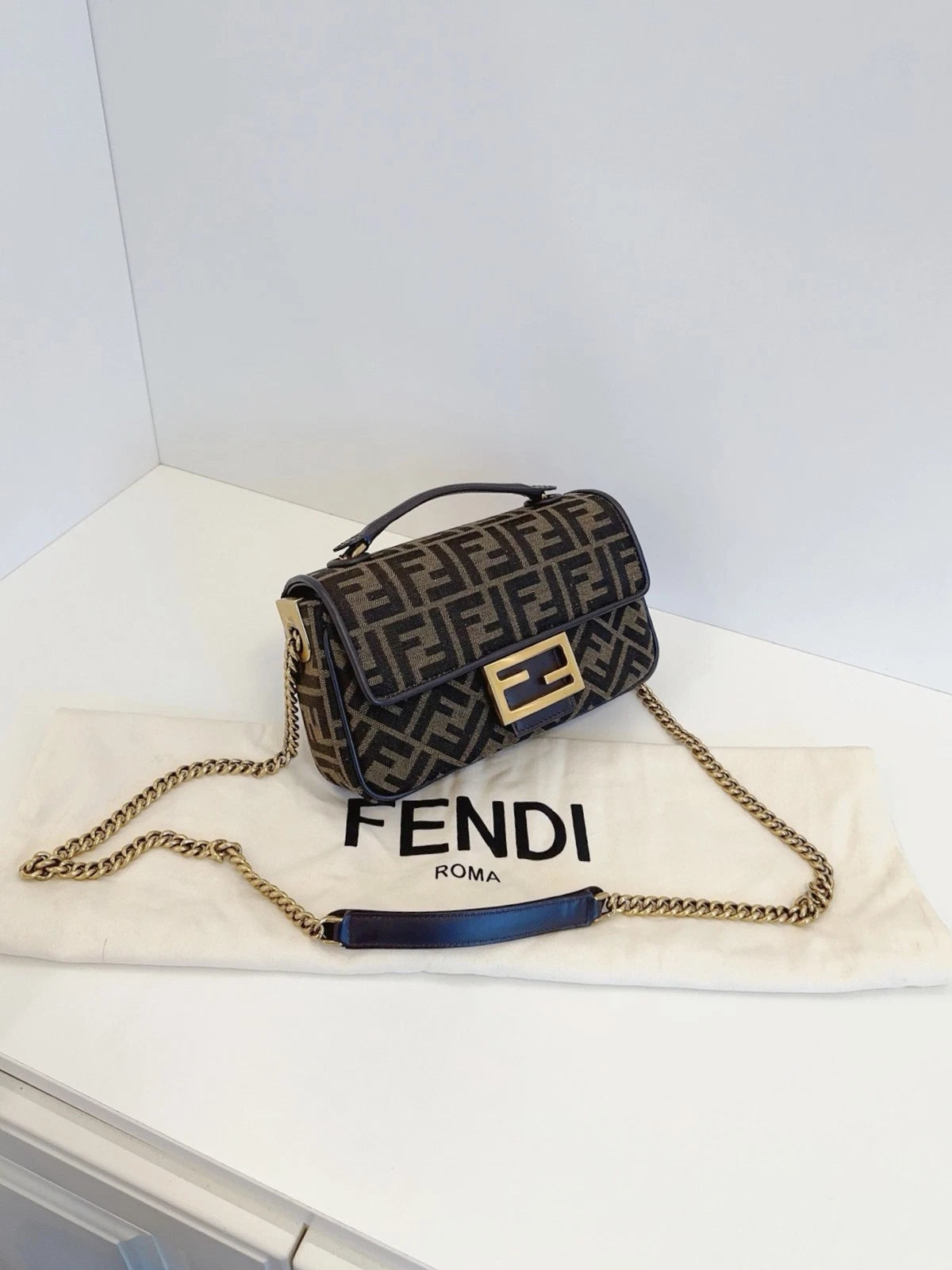 Fendi Baguette Medium FF Logo Chain Shoulder Crossbody Bag Brown
