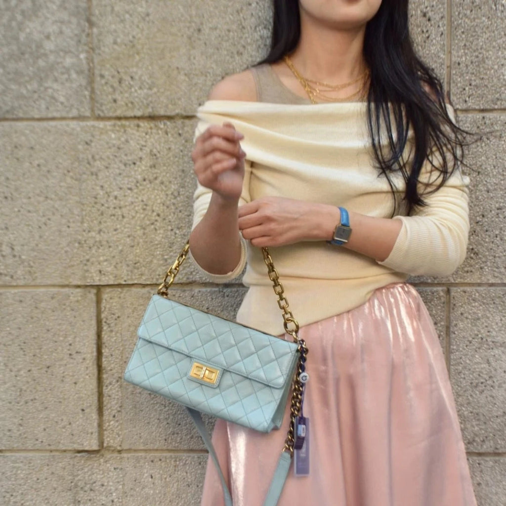 Chanel Trendy CC Calfskin Chain Shoulder Bag Crossbody Blue Gold Women Classic S