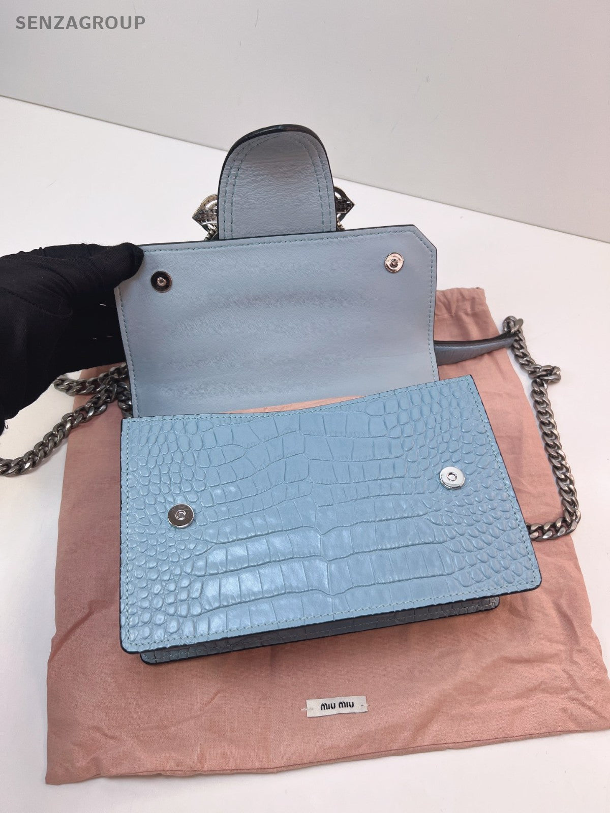 Miumiu miulady Clafskin Water Blue crystal Chain Strap Shoulder bag Brand NEW