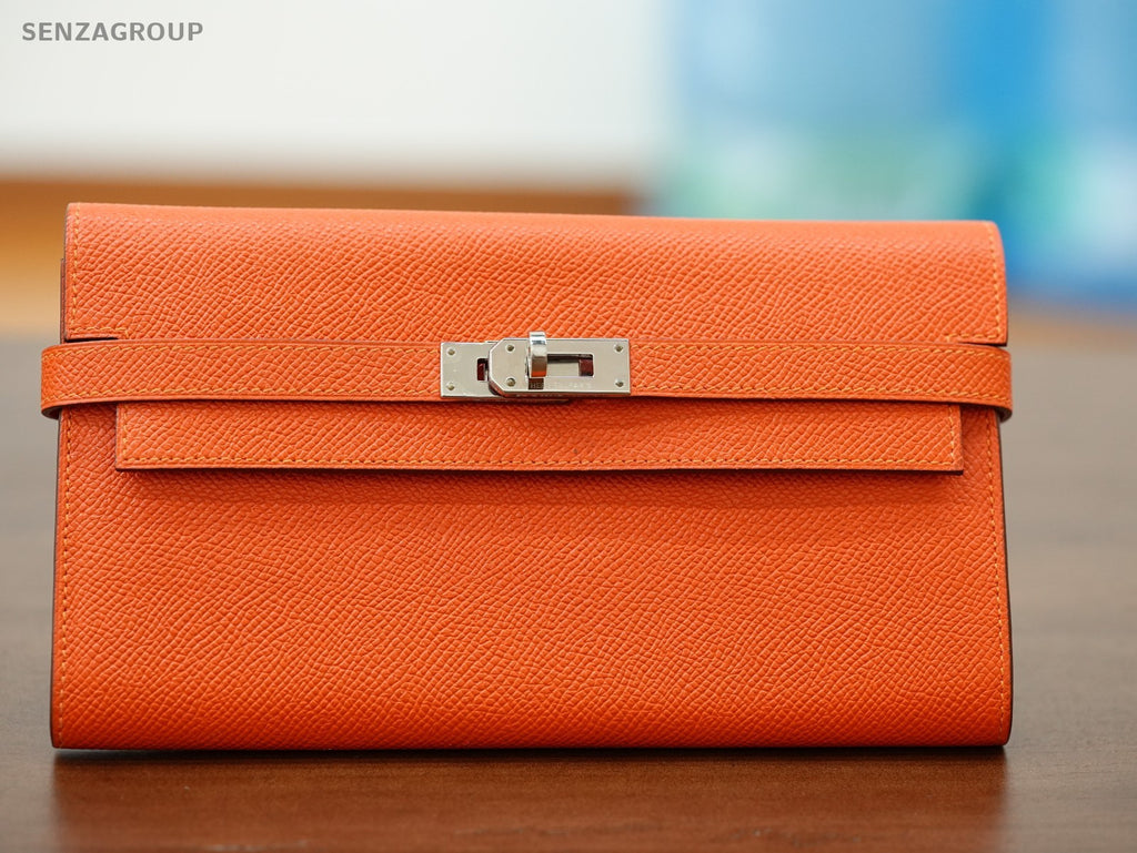 Hermes Kelly Wallet epsom Leather Orange Women Silver