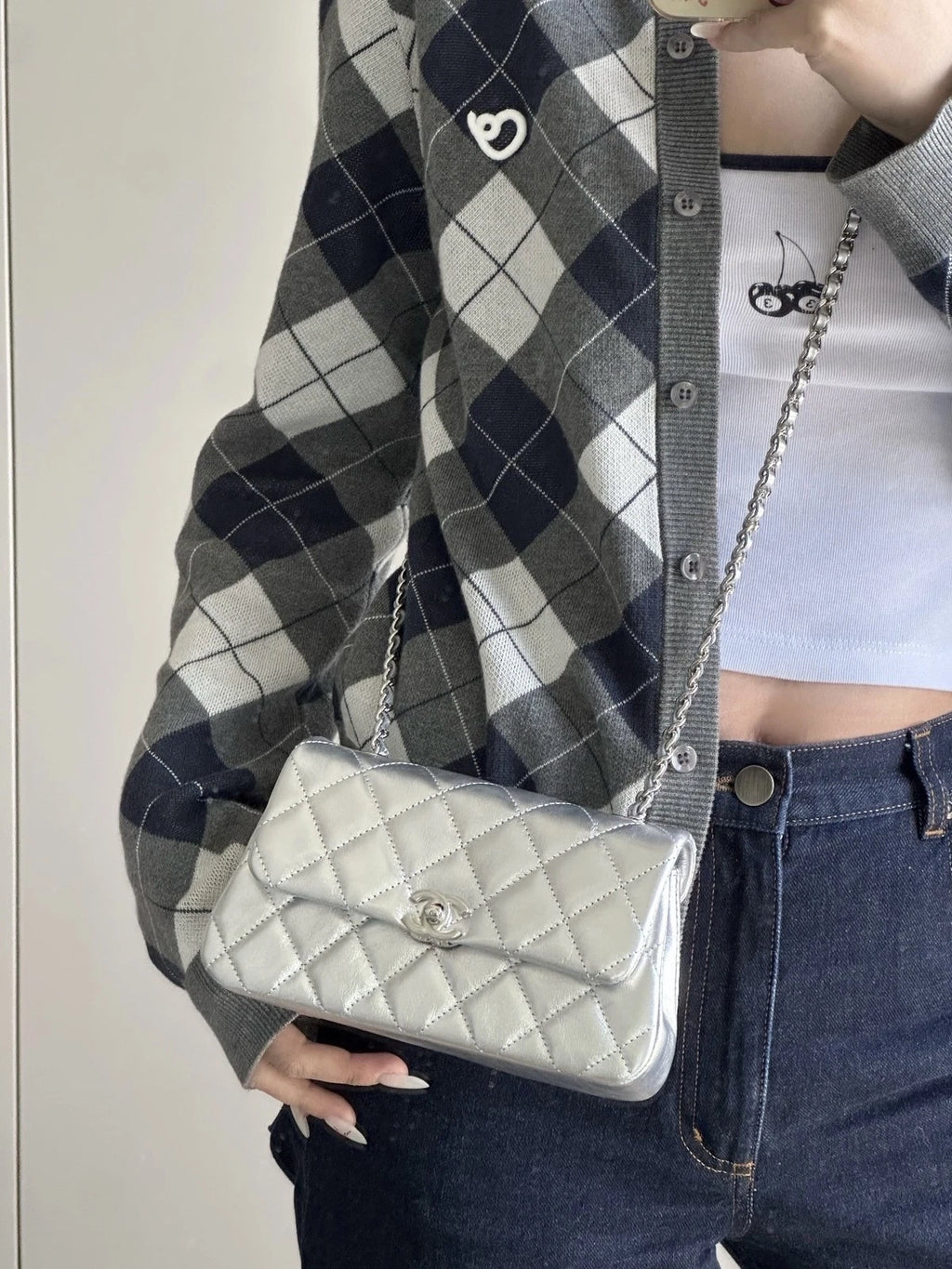 CHANEL Silver CF Mini Calfskin Flap Shoulder Crossbody Bag For Women