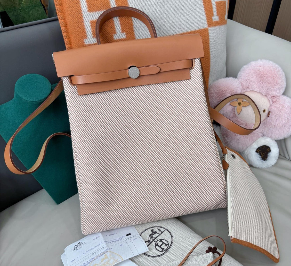 Hermes Herbag PM Backpack Beige Brown Silver Used Women Classic Designer