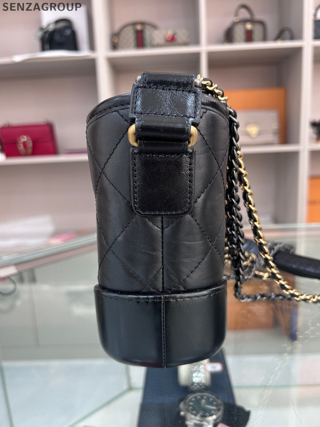 Chanel Small Gabrielle Hobo Bag Black Gold Chevron Chain Shoulder Crossbody