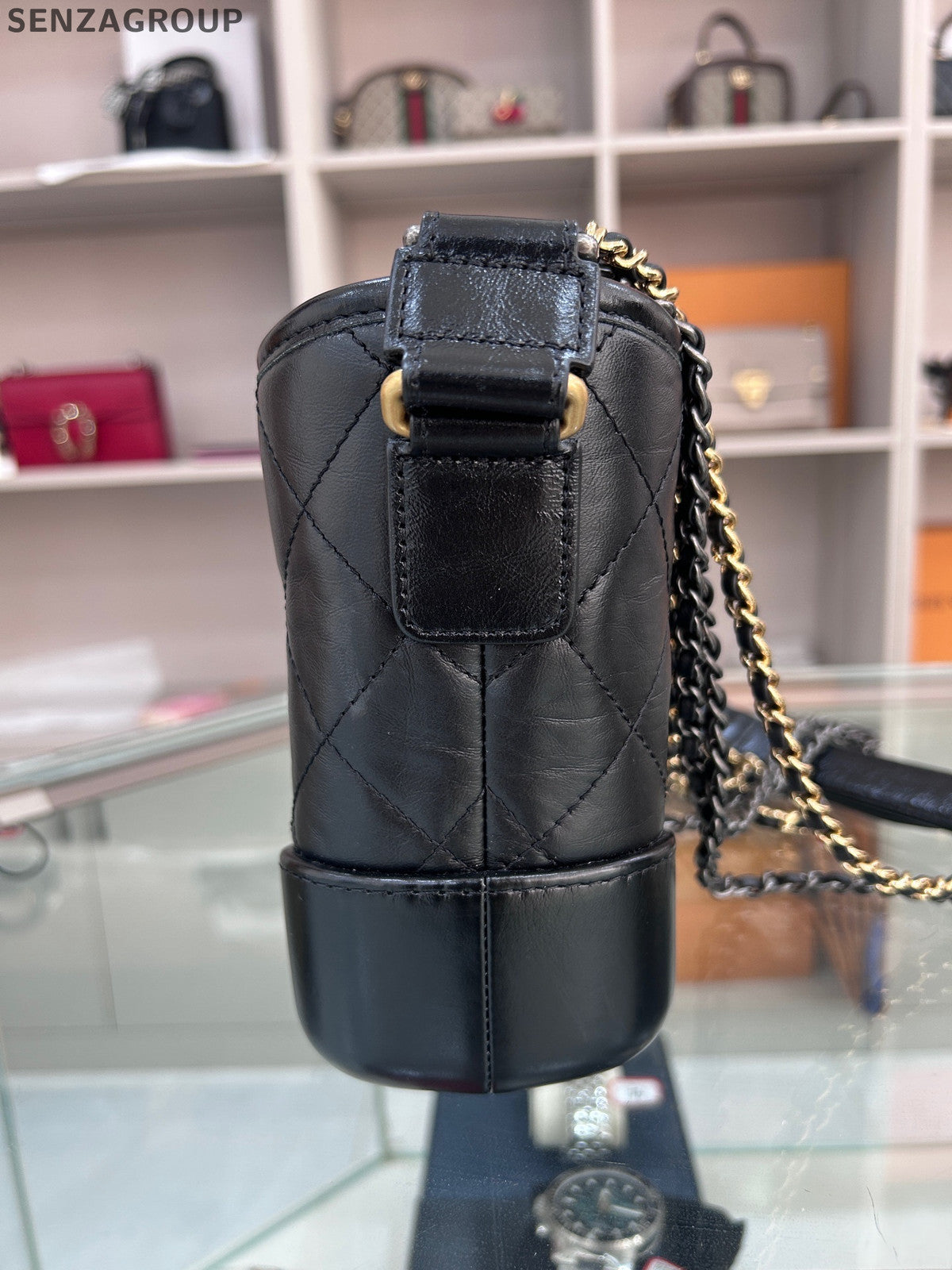 Chanel Small Gabrielle Hobo Bag Black Gold Chevron Chain Shoulder Crossbody