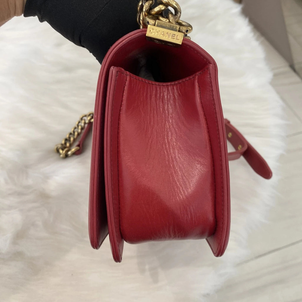 Chanel Le Boy Medium Calfskin Chain Shoulder Bag Red Silver Classic Women