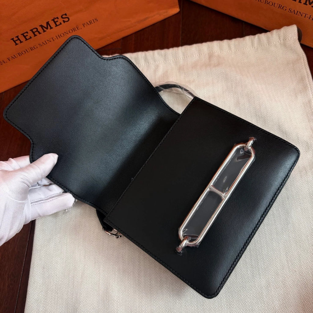 Hermes Roulis Mini Evergrain Leather Shoulder Crossbody Black Silver Women