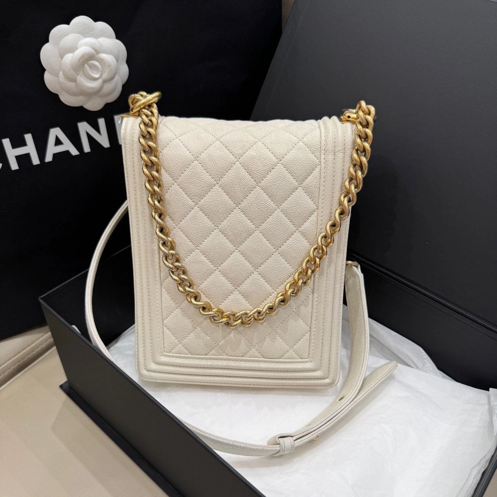 CHANEL White Leather Leboy Shoulder Crossbody Bag For Women